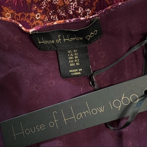 NWT HOUSE OF HARLOW Ruffle Tier Balloon Sleeve Berry Rust Floral Dress 12 - Picture 3 of 7